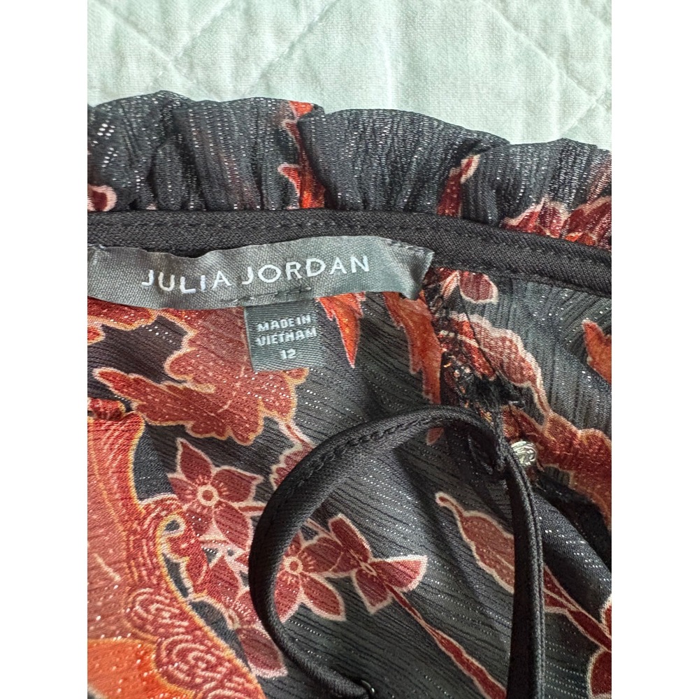 Julia Jordan Dress Metallic Floral Paisley Ruffle Neck Midi Black Orange Size 12 - Picture 9 of 11